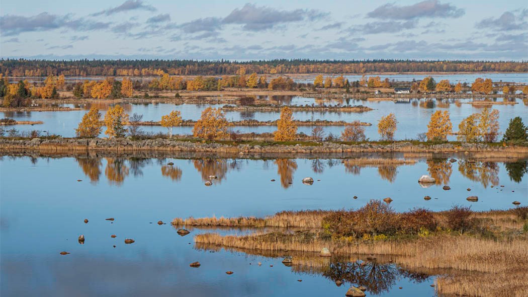 Syksyinen merimaisema, jossa moreenimuodostelmia.