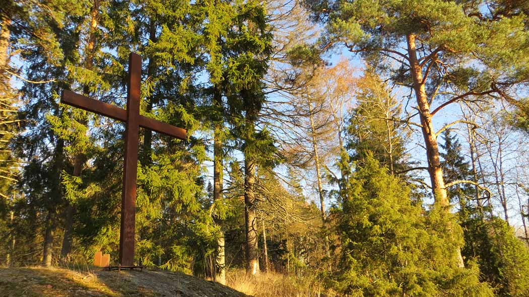 Suuri puinen risti. Taustalla metsää. Kappelin muistoksi pystytetty risti. Kuva: Laura Lehtonen.